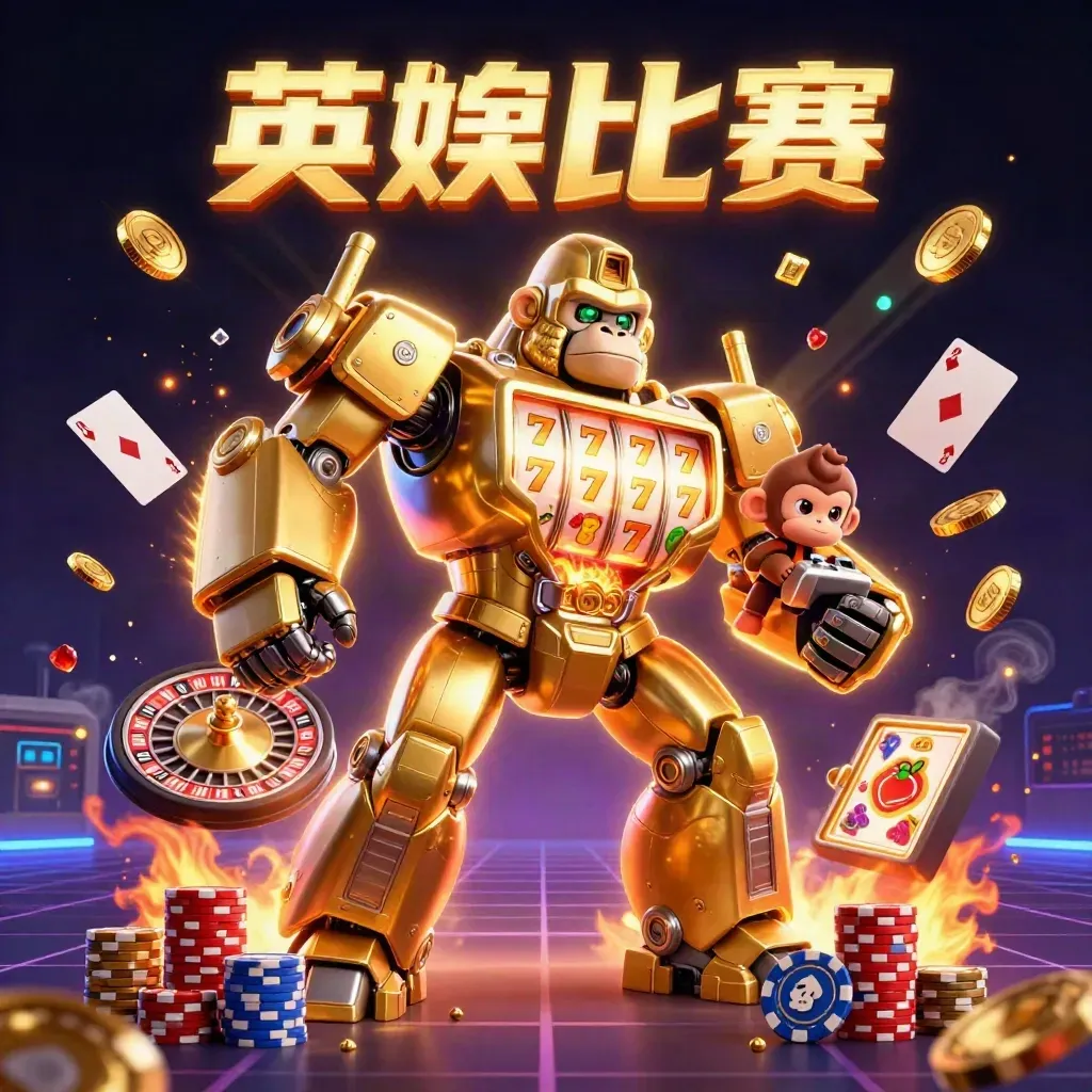 Goldener Gorilla-Mech mit Miniaffe, Münzen, Rouletterad und Slot-Explosion im Casino-Look.