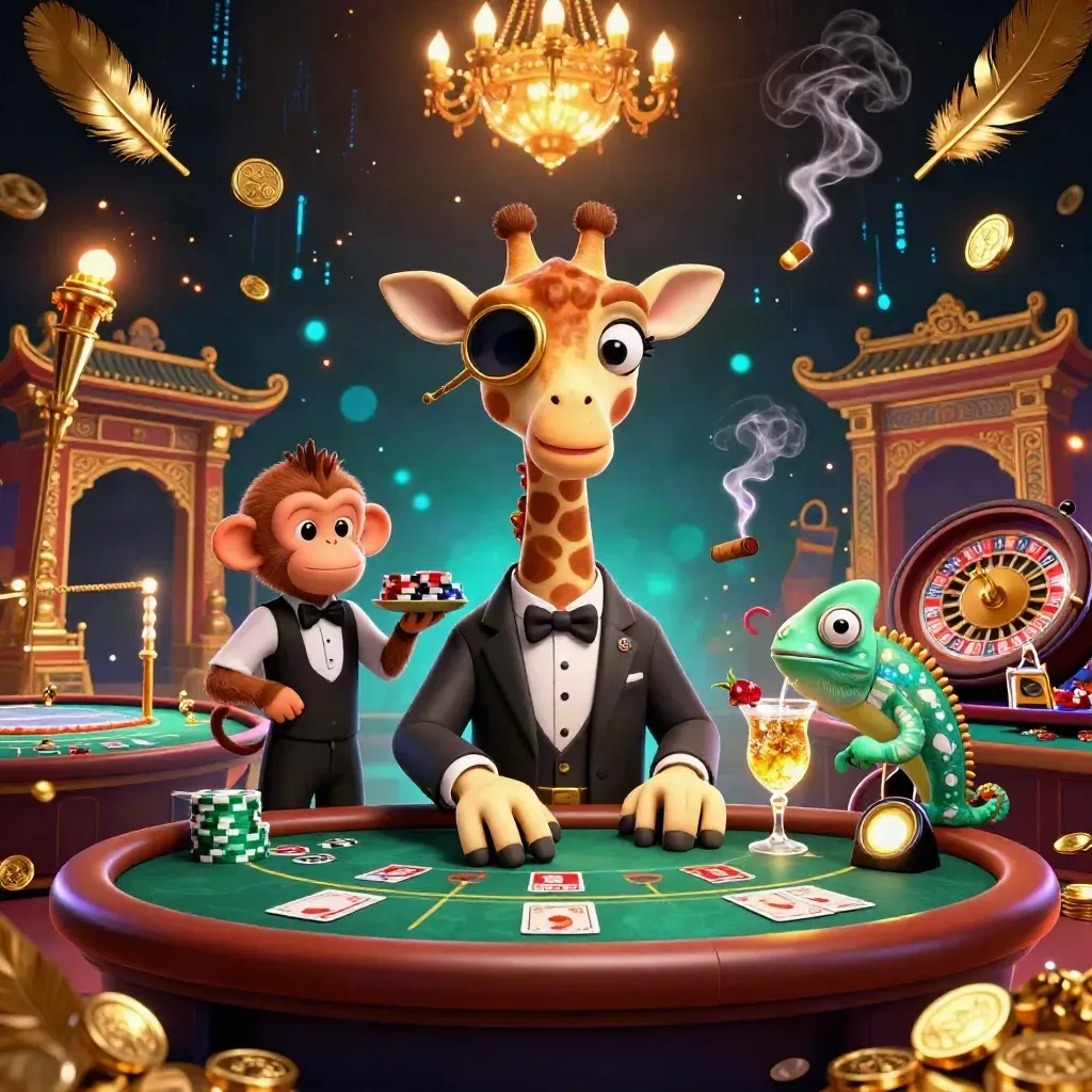 Giraffe, Affe und Chamäleon in einer luxuriösen Casino-Szene mit Gold, Licht und magischem Hintergrund.