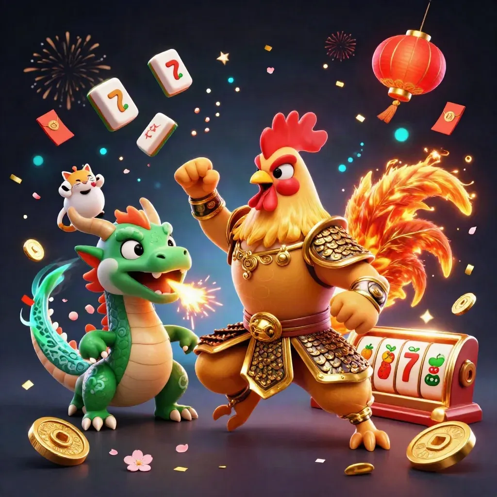 Hahnkrieger, Drachenbaby und Glückskatze in goldgrüner Casino-Action mit Funken und Münzen.