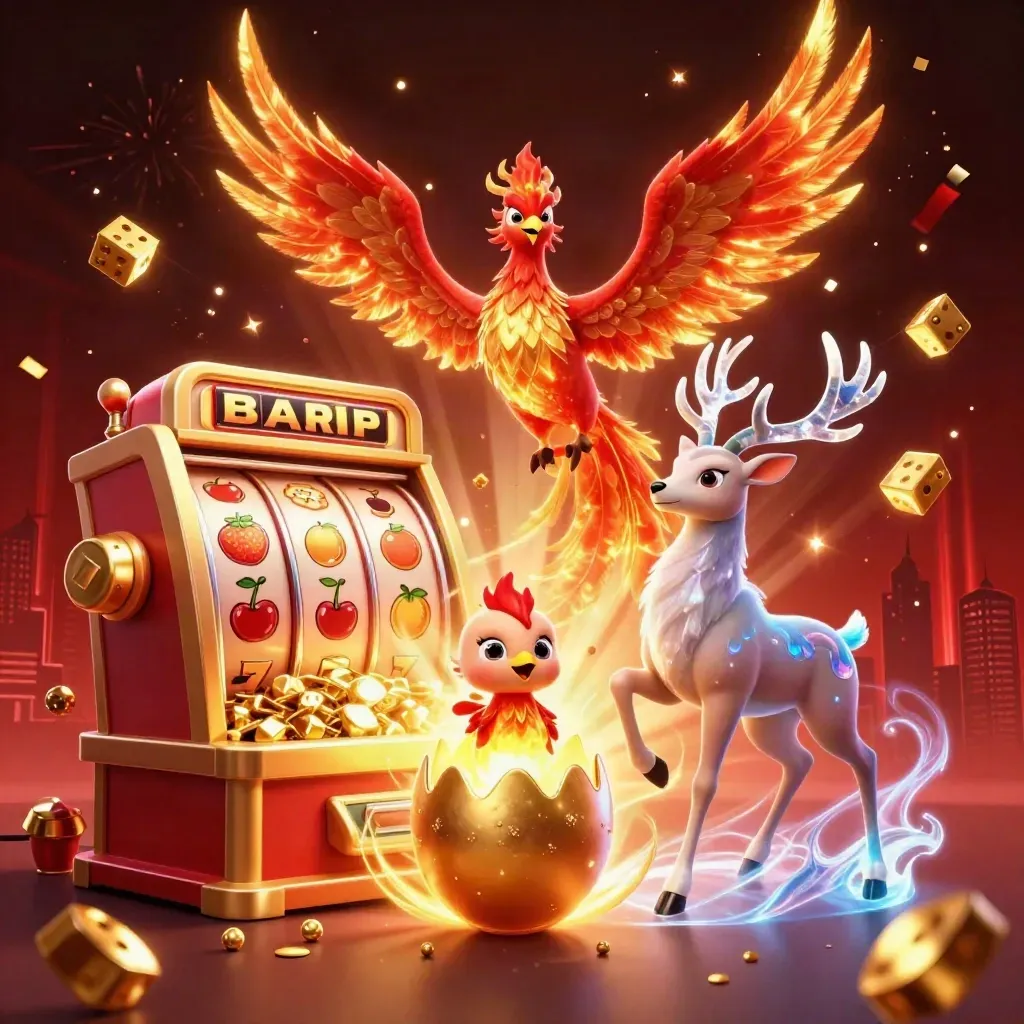 Phoenix, Baby-Phoenix und Kristallhirsch vor Jackpot, Gold und grünem Casino-Glow.