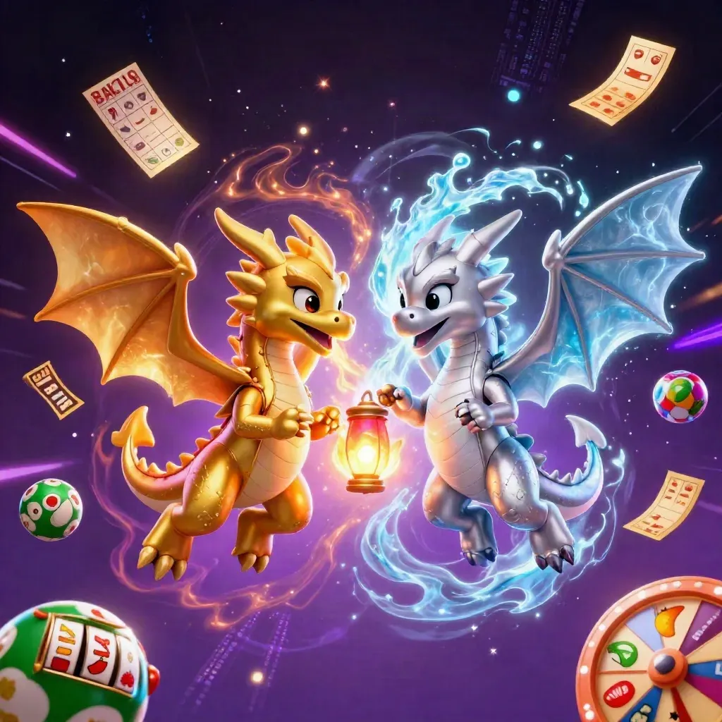 Zwei gold-silberne Drachen mit Feuer und Eis vor Sternen, Glückskugeln und Casino-Symbolen.